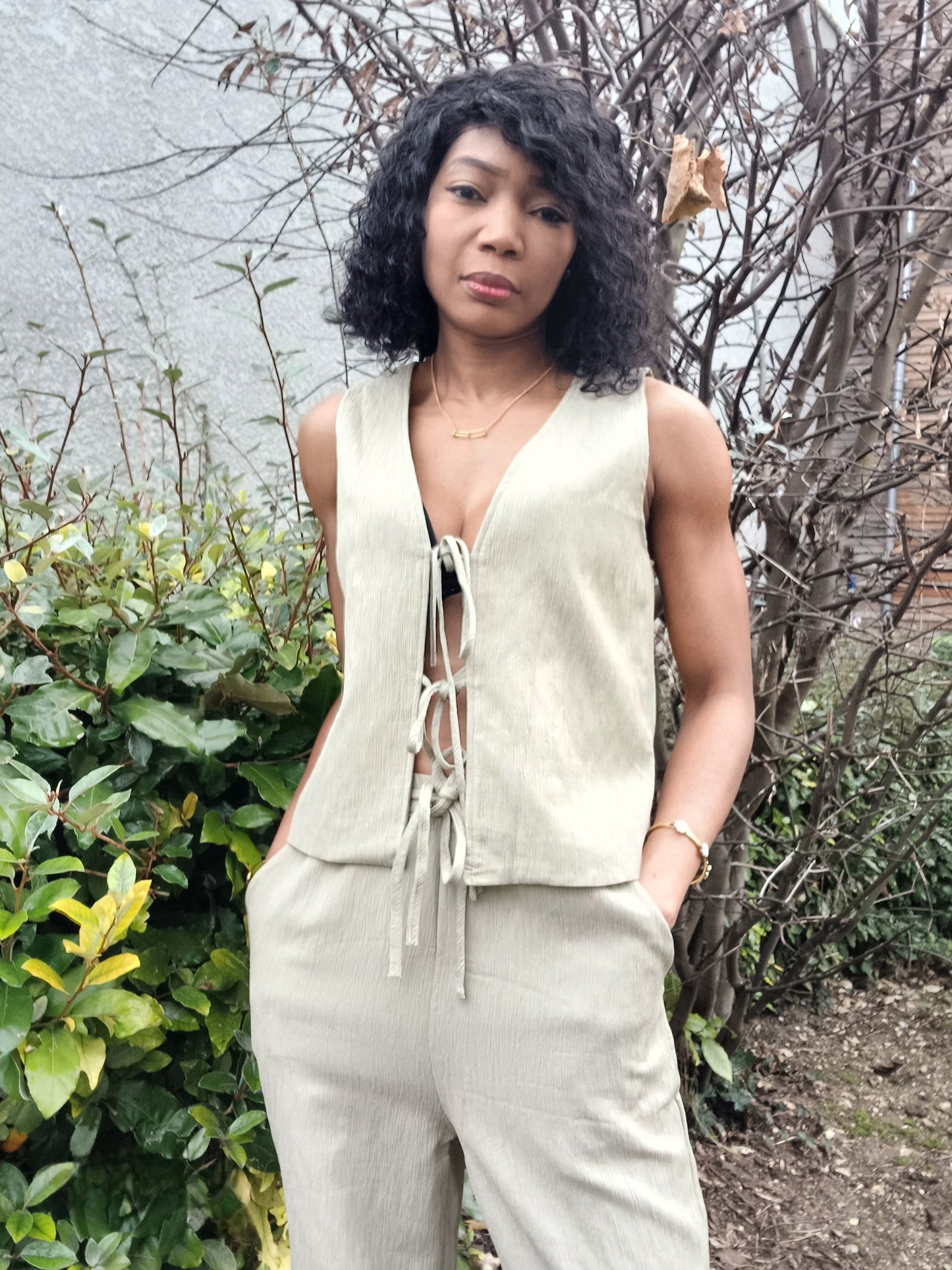 Ensemble Gilet/Pantalon bas large vert clair