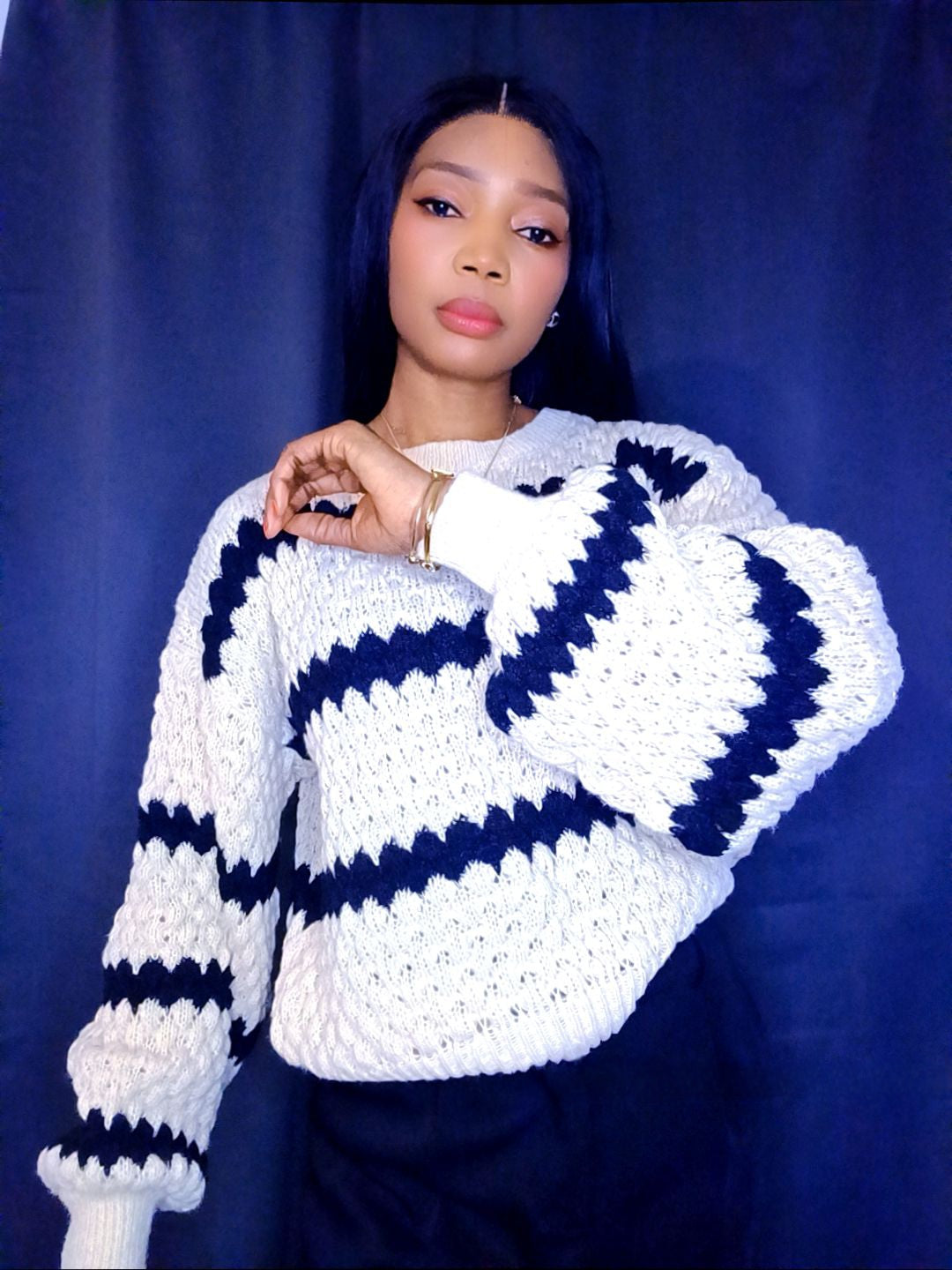 Pull beige rayures noires