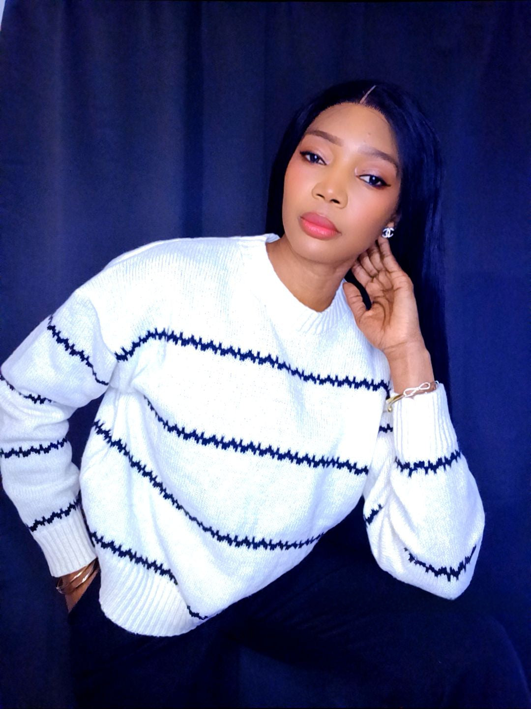 Pull beige rayures noires