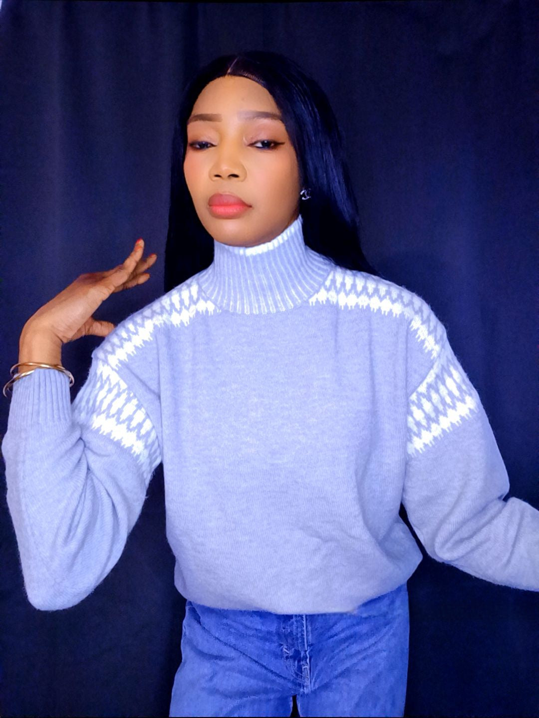 Pull gris motifs blancs